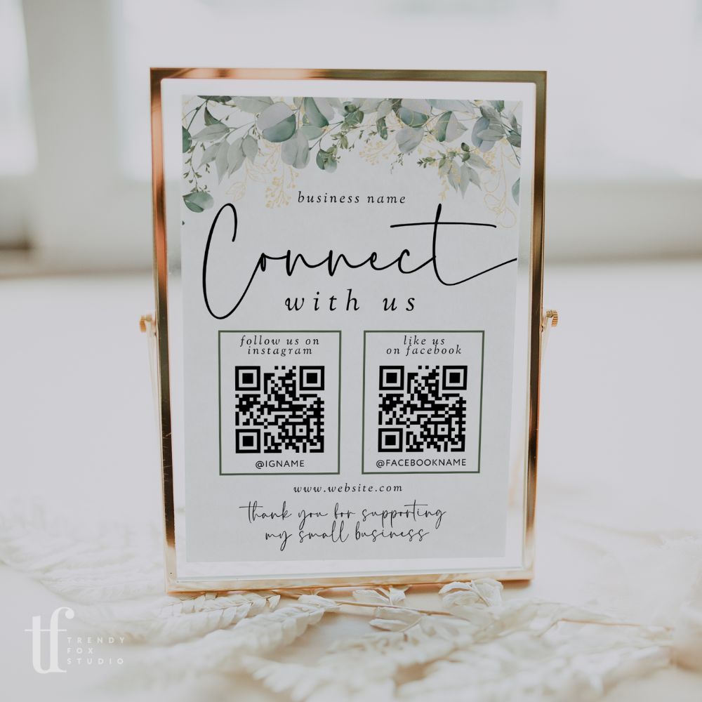 Greenery Connect With Us QR Code Social Media Sign Canva Template | Brie - Trendy Fox Studio