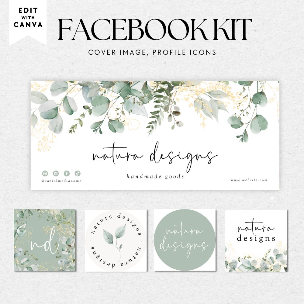 Greenery Gold Botanical Facebook Cover Branding Set Canva Template | Brie - Trendy Fox Studio