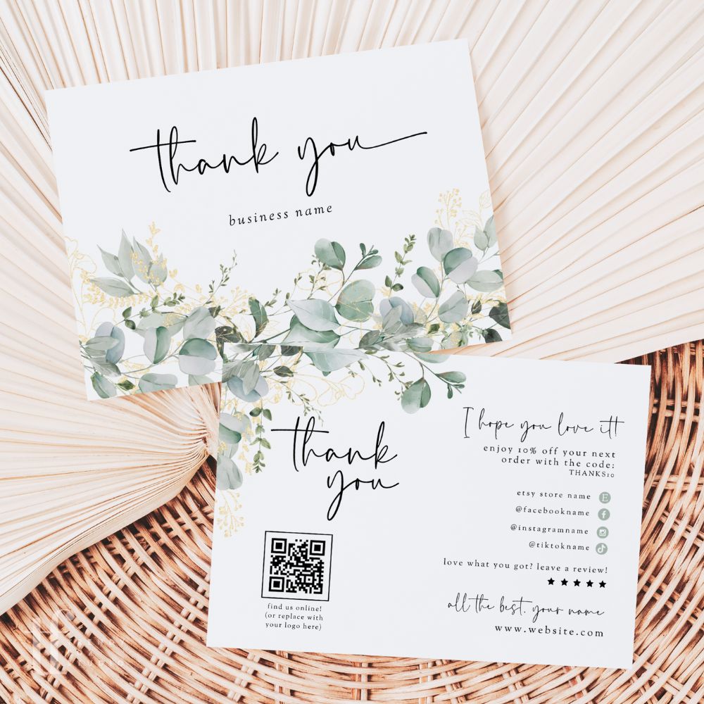 Greenery & Gold Business Thank You Card with QR Code Canva Template | Brie - Trendy Fox Studio