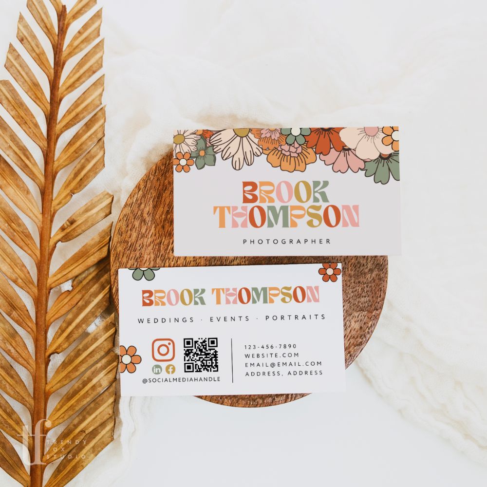 Groovy Retro 70s Business Card with QR Code Canva Template | Sol - Trendy Fox Studio