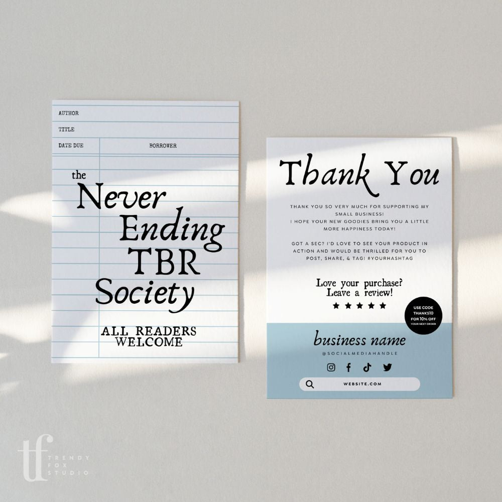Library Card Business Thank You Card Canva Template | Bookish Vibes - Trendy Fox Studio