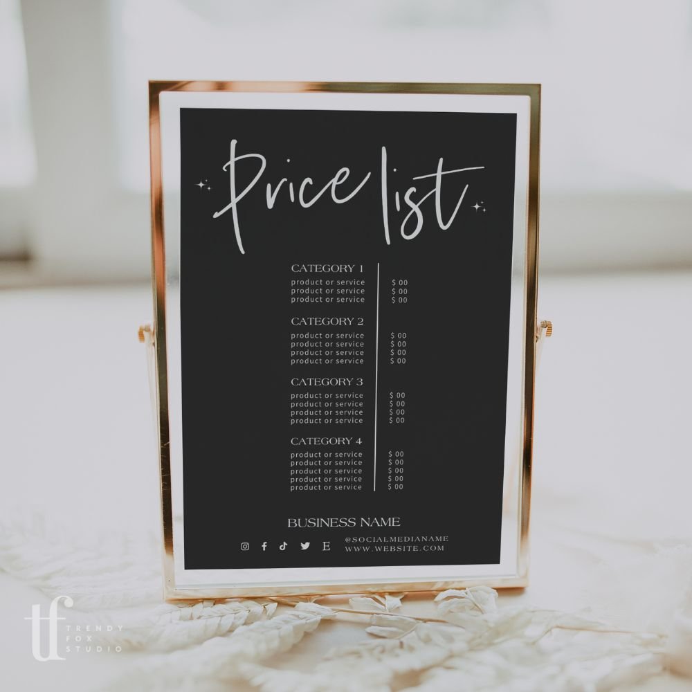 Luxe Black Scan to Pay Sign & Price List Sign Canva Template | Ashe - Trendy Fox Studio