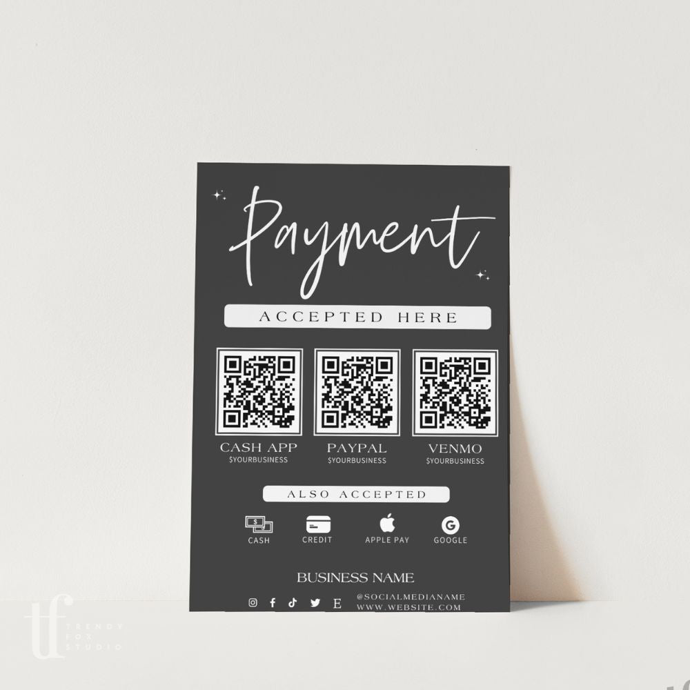 Luxe Black Scan to Pay Sign & Price List Sign Canva Template | Ashe - Trendy Fox Studio