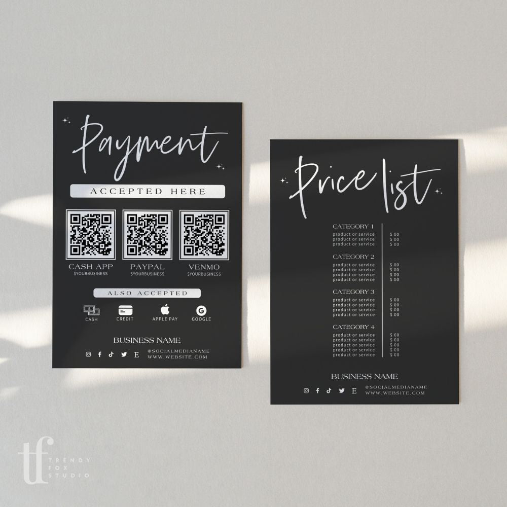 Luxe Black Scan to Pay Sign & Price List Sign Canva Template | Ashe - Trendy Fox Studio