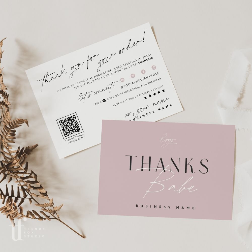 Luxe Blush Pink Business Thank You Card Canva Template with QR Code - Trendy Fox Studio