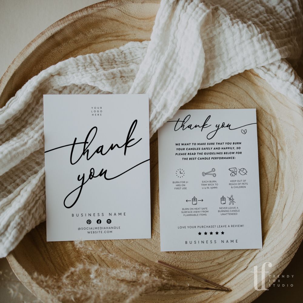 Luxe Candle Care Card with Icons, Business Thank You Canva Template | Cinna - Trendy Fox Studio