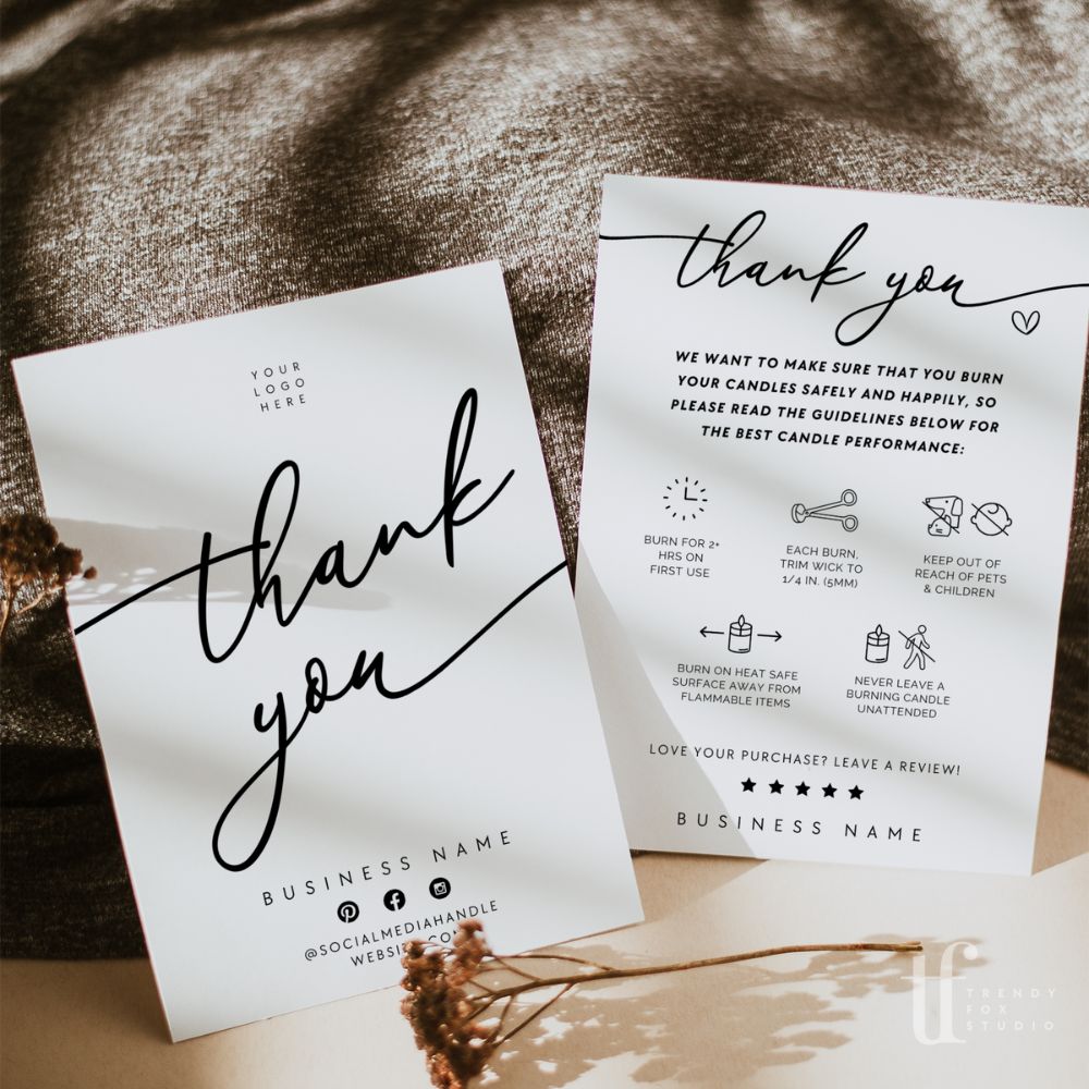 Luxe Candle Care Card with Icons, Business Thank You Canva Template | Cinna - Trendy Fox Studio