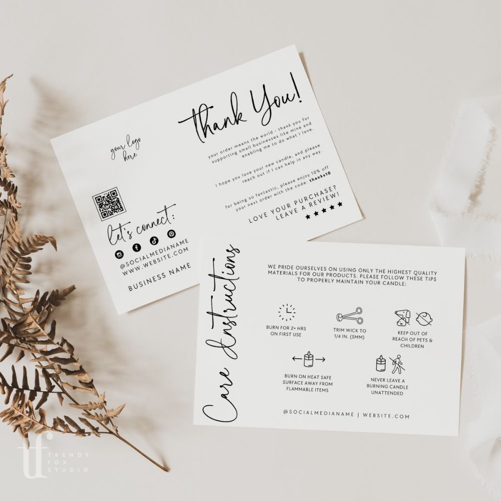 Luxe Candle Care Card with Icons, QR Code, and Business Thank You Canva Template | Rylee - Trendy Fox Studio
