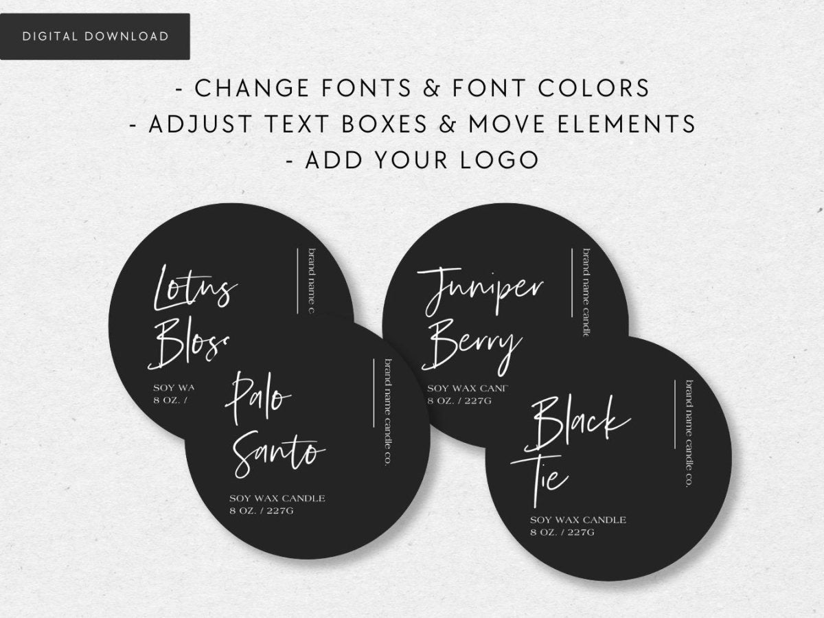 Minimalist Round Black Candle Label Canva Template | Ashe - Trendy Fox Studio