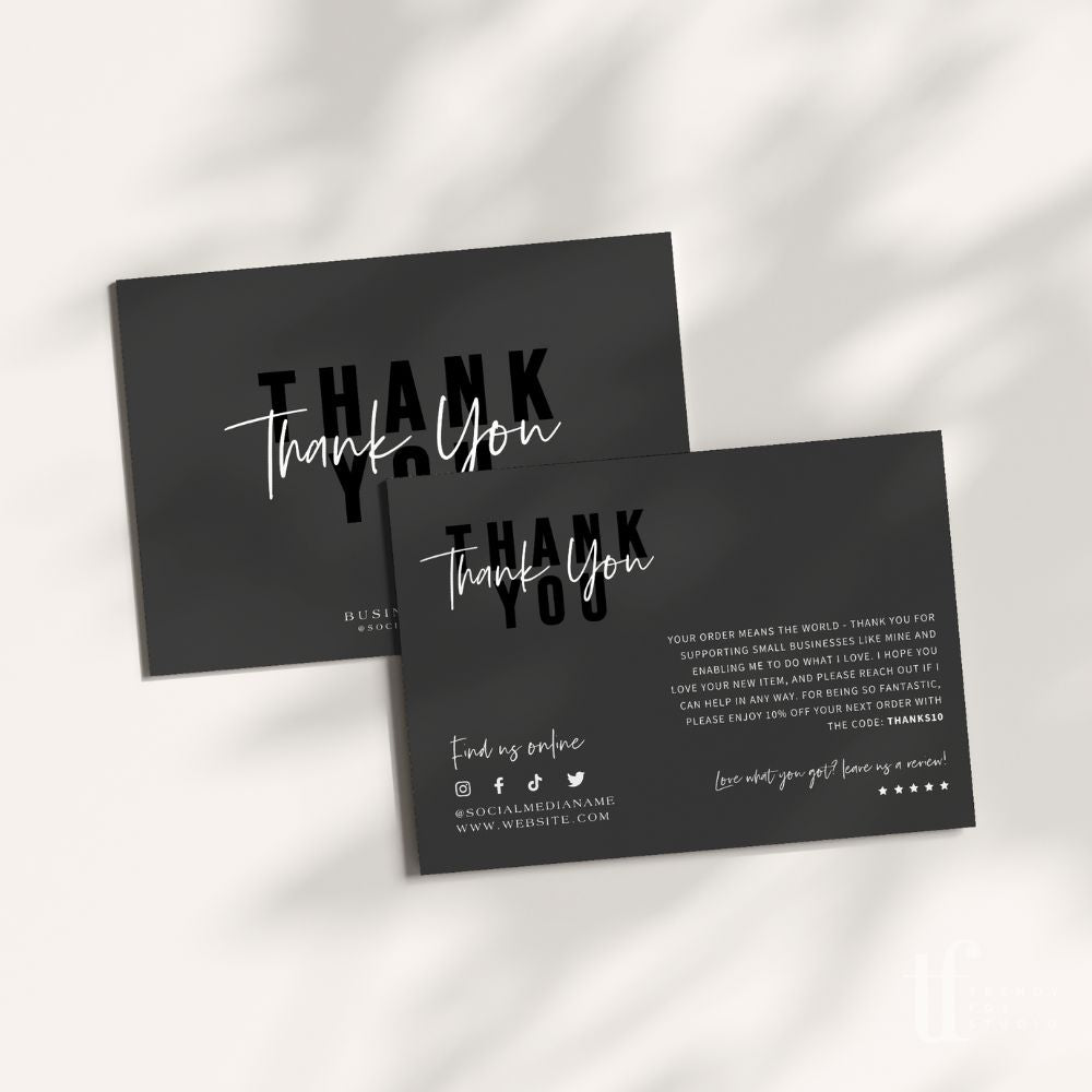 Modern Black Business Thank You Card Canva Template | Ashe - Trendy Fox Studio