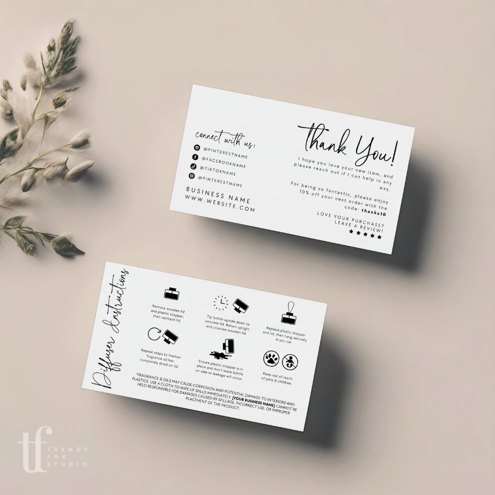 Modern Boho Car Diffuser Care and Thank You Business Card Canva Template | Rylee - Trendy Fox Studio