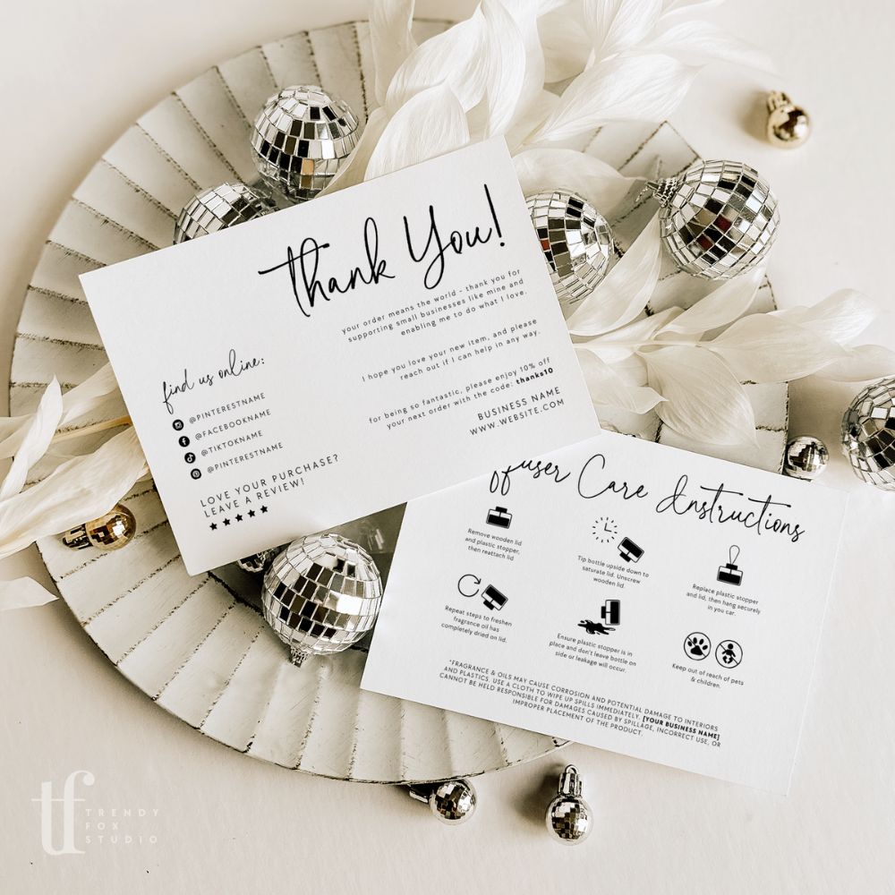 Modern Boho Car Diffuser Care and Thank You Card Canva Template | Rylee - Trendy Fox Studio