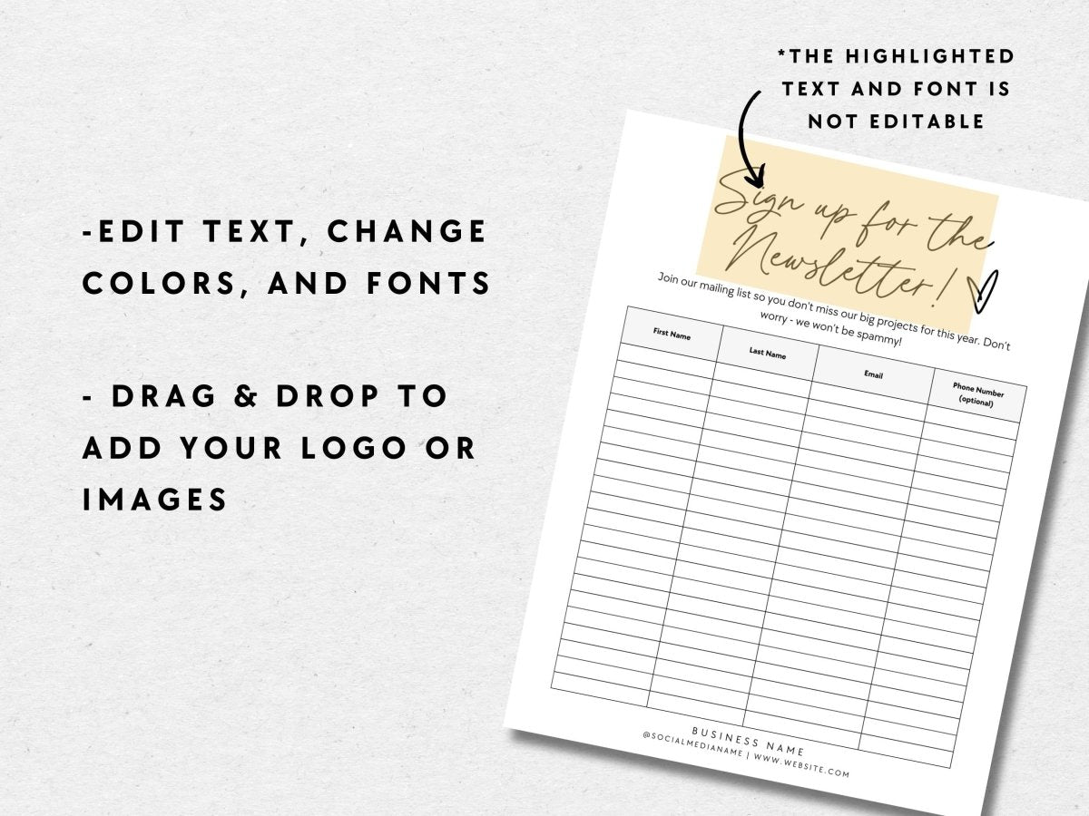 Modern Email Sign Up Form, Printable Email Collection Sheet Canva Template | River - Trendy Fox Studio