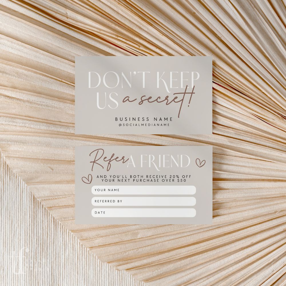 Neutral Boho Refer A Friend Discount Card Canva Template | Nora - Trendy Fox Studio