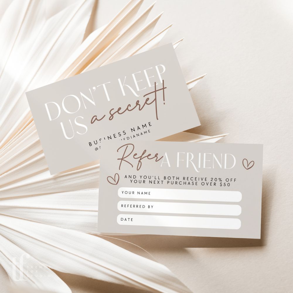 Neutral Boho Refer A Friend Discount Card Canva Template | Nora - Trendy Fox Studio