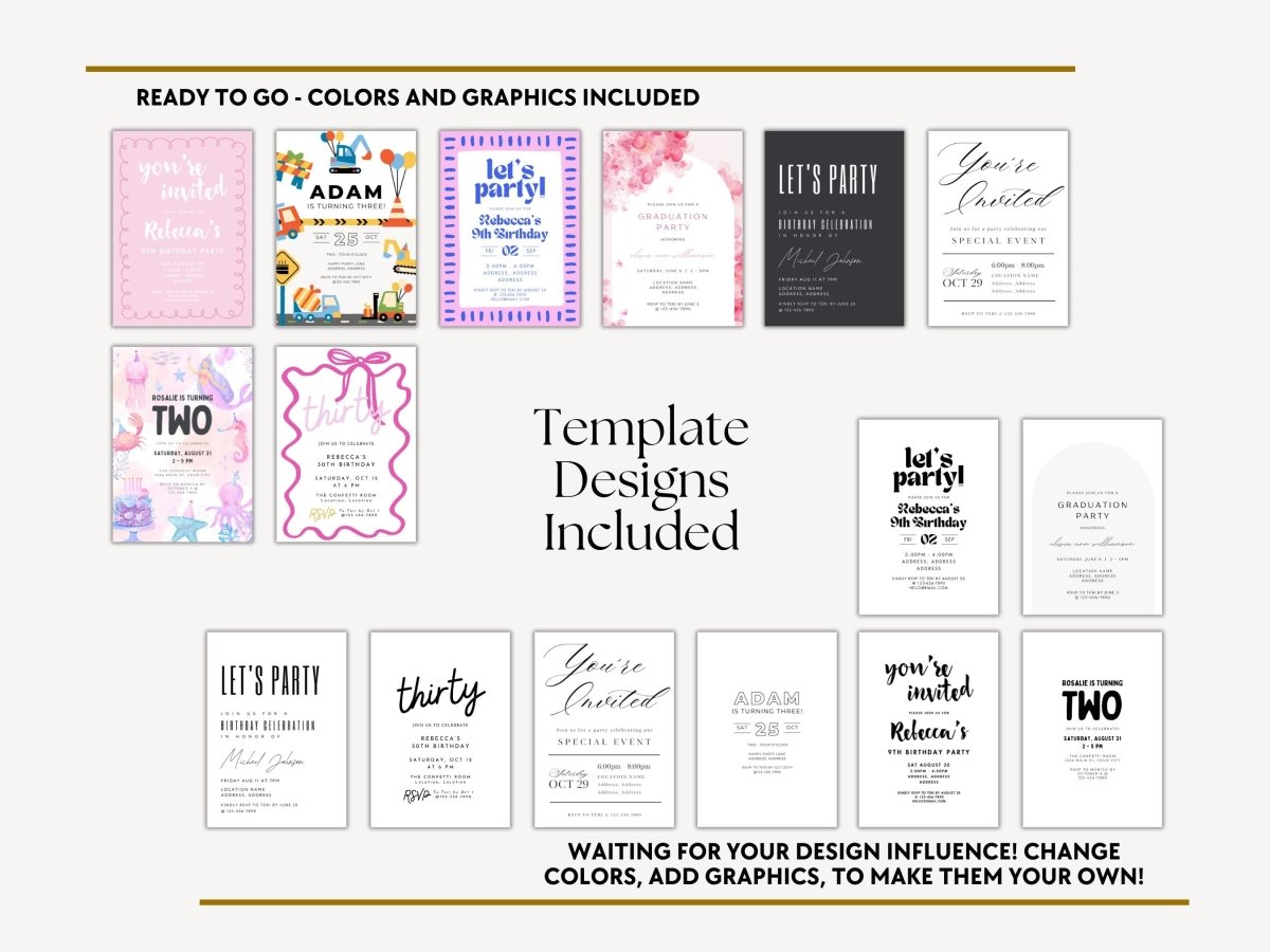 PLR Invitation Canva Template Bundle, Adult & Kids Birthday & Misc. Party Invitations (Part 2) - Trendy Fox Studio