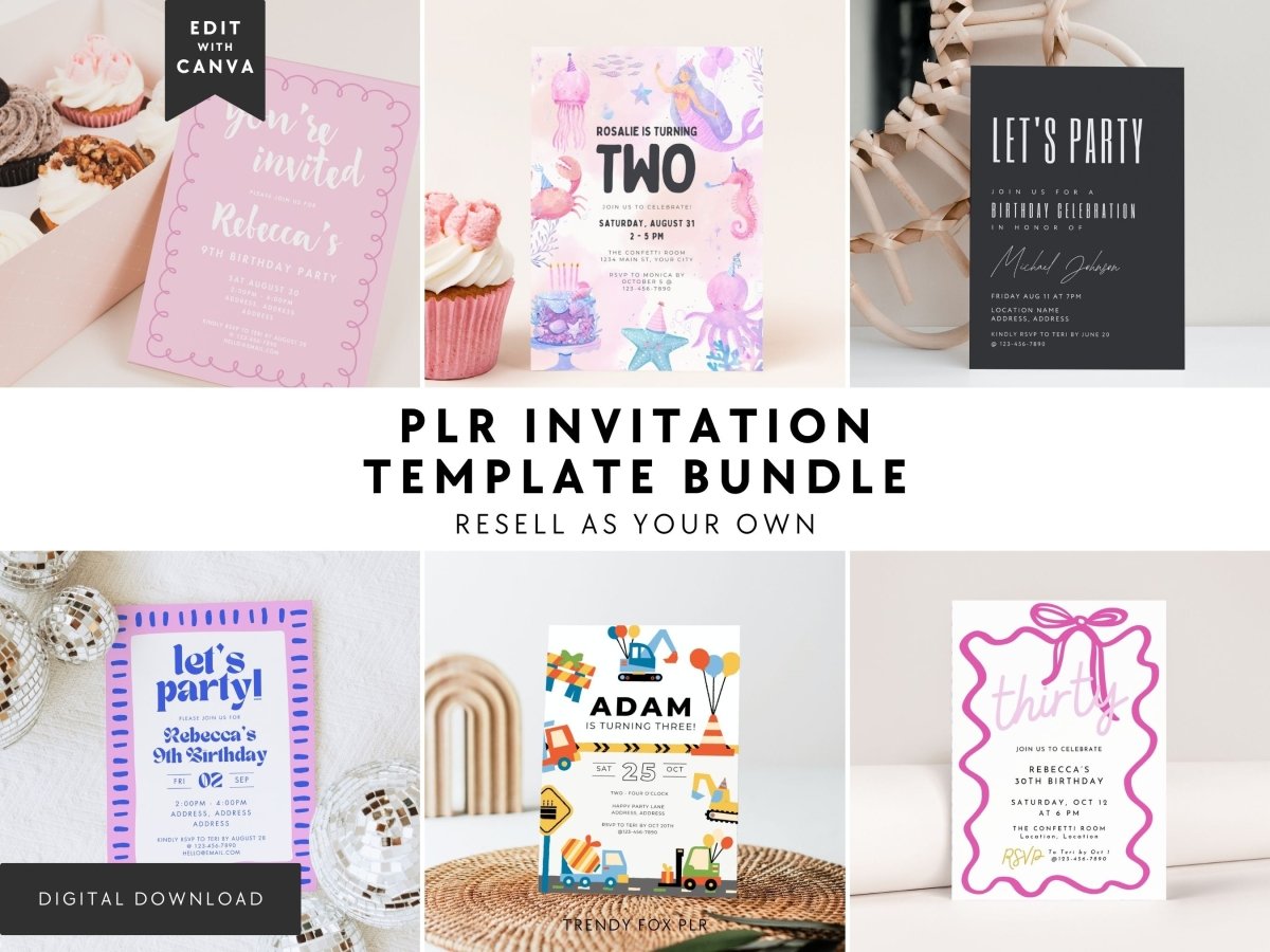 PLR Invitation Canva Template Bundle, Adult & Kids Birthday & Misc. Party Invitations (Part 2) - Trendy Fox Studio