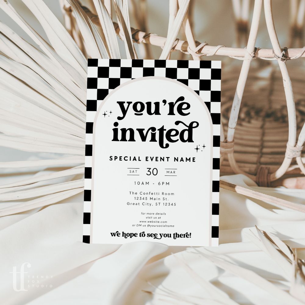 Retro Checkered Business Invitation Canva Template | Dani - Trendy Fox Studio