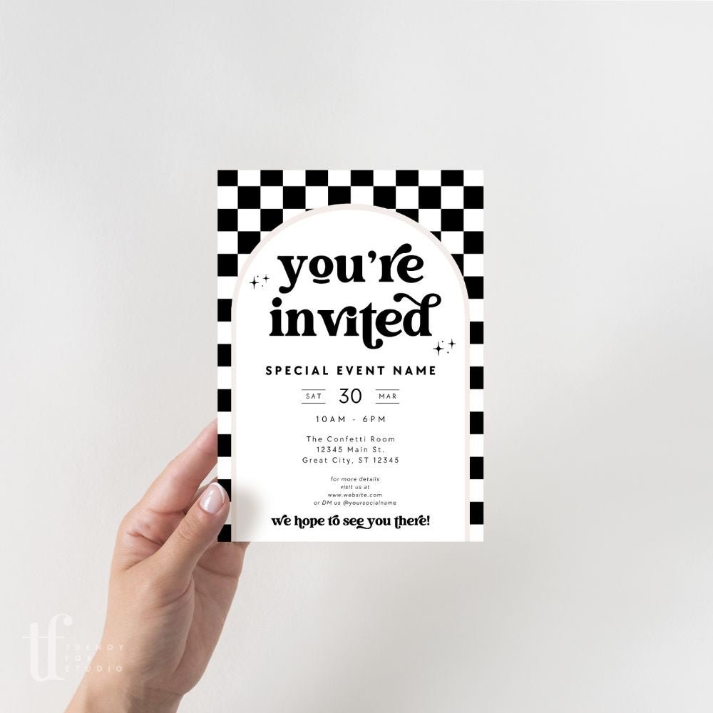 Retro Checkered Business Invitation Canva Template | Dani - Trendy Fox Studio