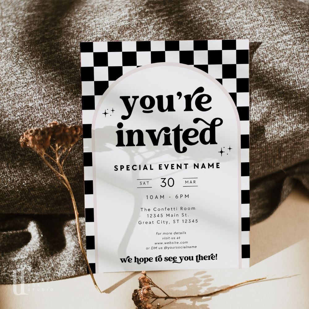 Retro Checkered Business Invitation Canva Template | Dani - Trendy Fox Studio