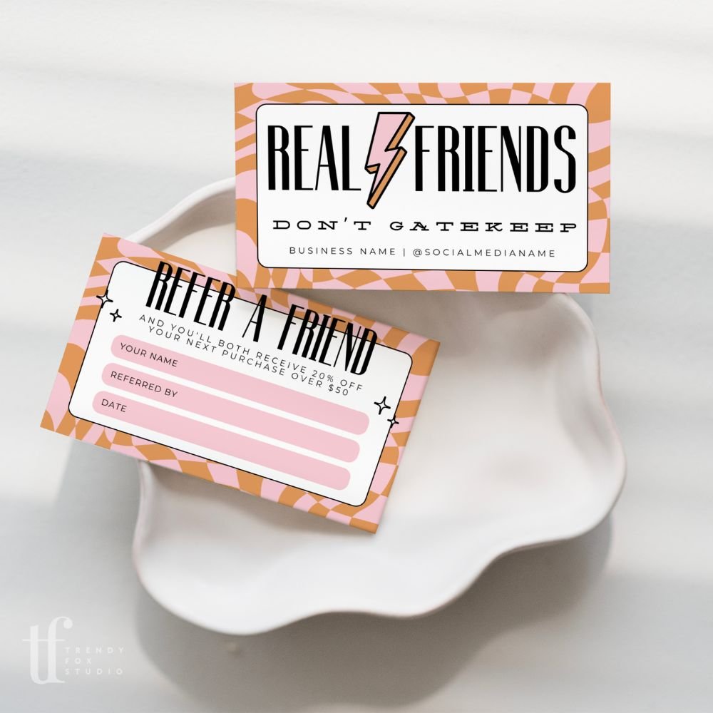 Retro Checkered Refer A Friend Discount Card Canva Template | Brooks - Trendy Fox Studio