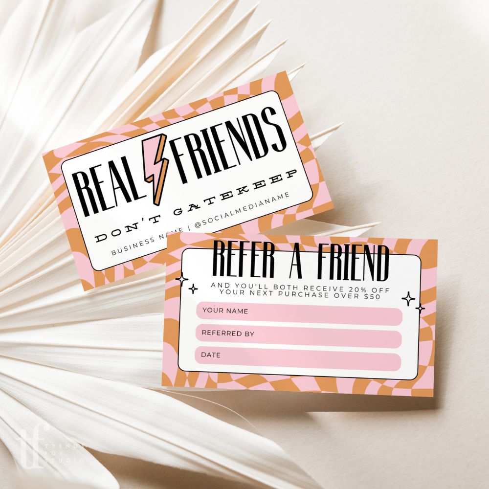 Retro Checkered Refer A Friend Discount Card Canva Template | Brooks - Trendy Fox Studio