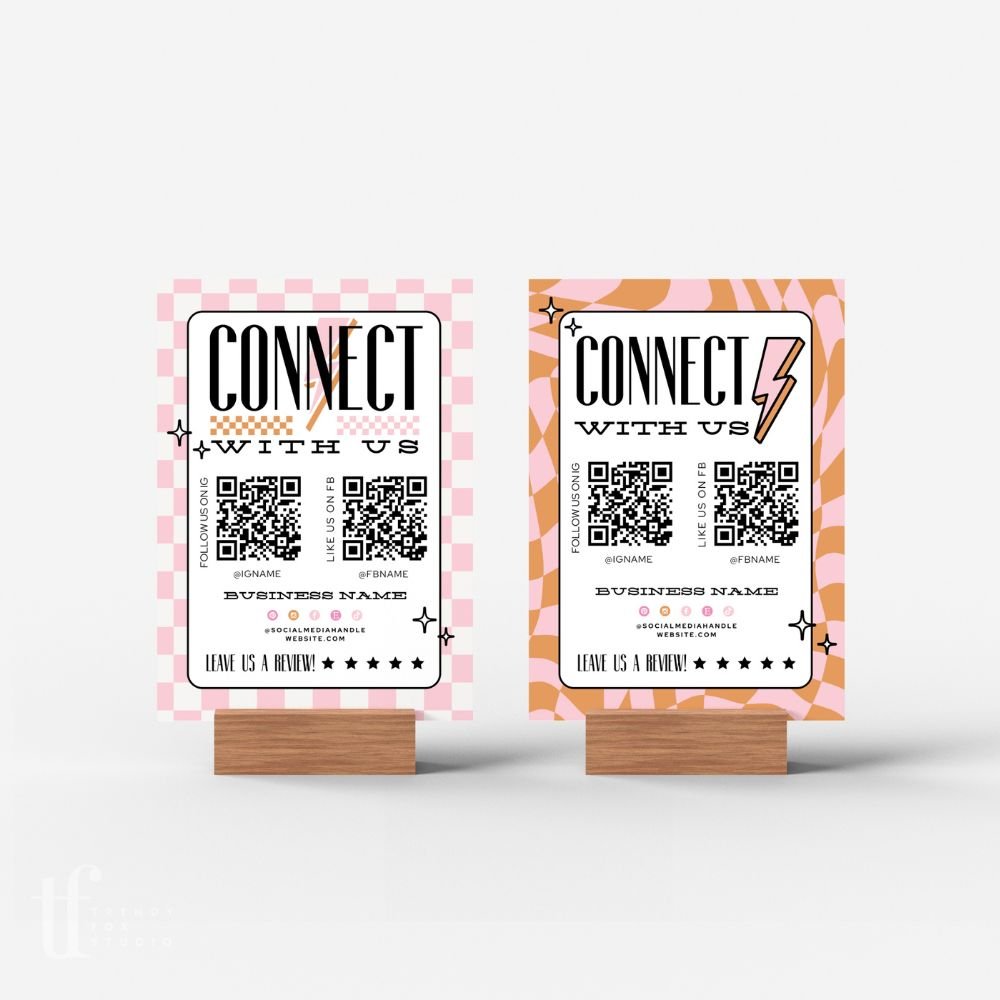 Retro Connect With Us 2 QR Code Social Media Sign Canva Template | Brooks - Trendy Fox Studio