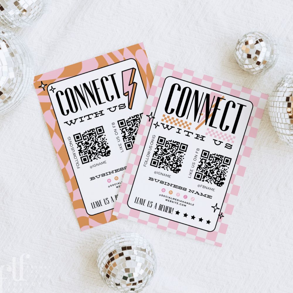 Retro Connect With Us 2 QR Code Social Media Sign Canva Template | Brooks - Trendy Fox Studio