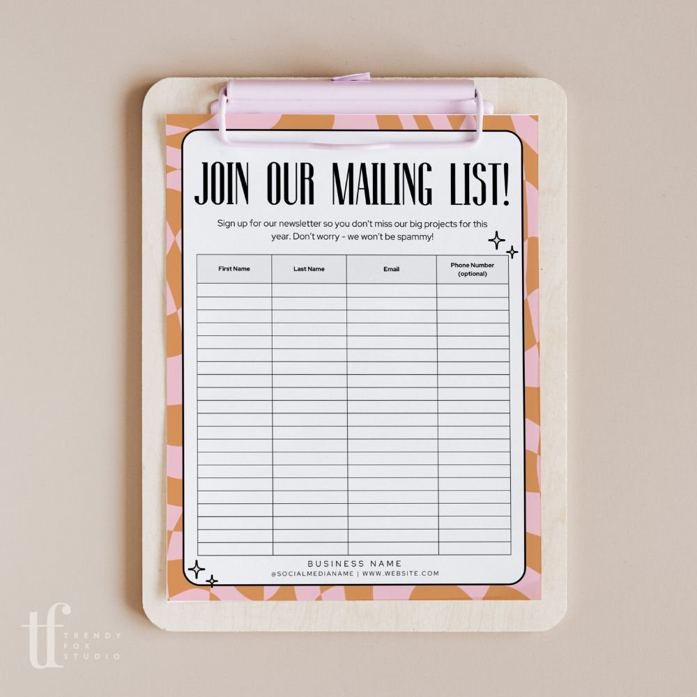 Retro Email Sign Up Form, Printable Email Collection Sheet Canva Template | Brooks - Trendy Fox Studio