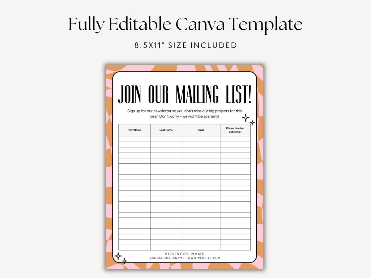 Retro Email Sign Up Form, Printable Email Collection Sheet Canva Template | Brooks - Trendy Fox Studio