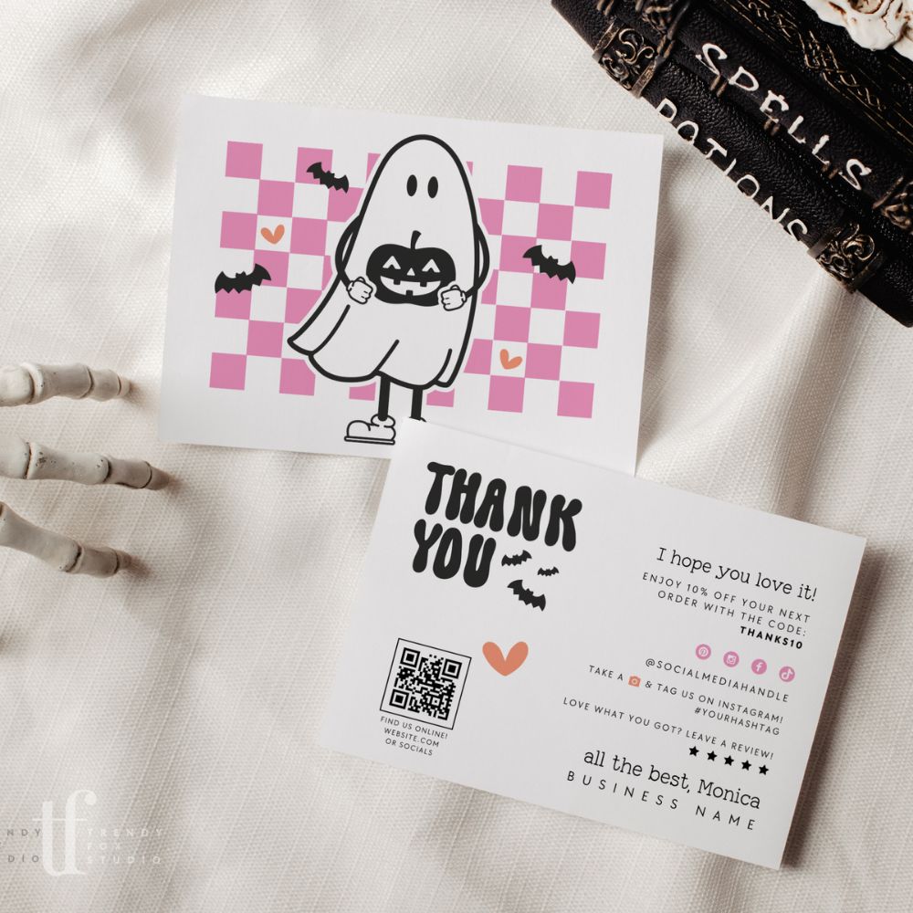 Retro Ghost Checkered Halloween Business Thank You Card Canva Template - Trendy Fox Studio