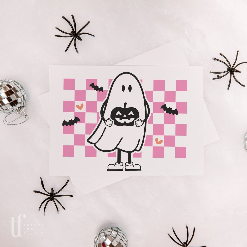 Retro Ghost Checkered Halloween Business Thank You Card Canva Template - Trendy Fox Studio