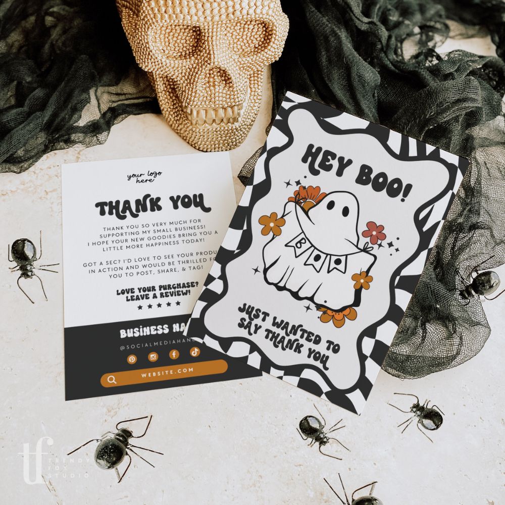Retro Halloween Hey Boo Business Thank You Card Canva Template | Spooky Cute Ghost - Trendy Fox Studio