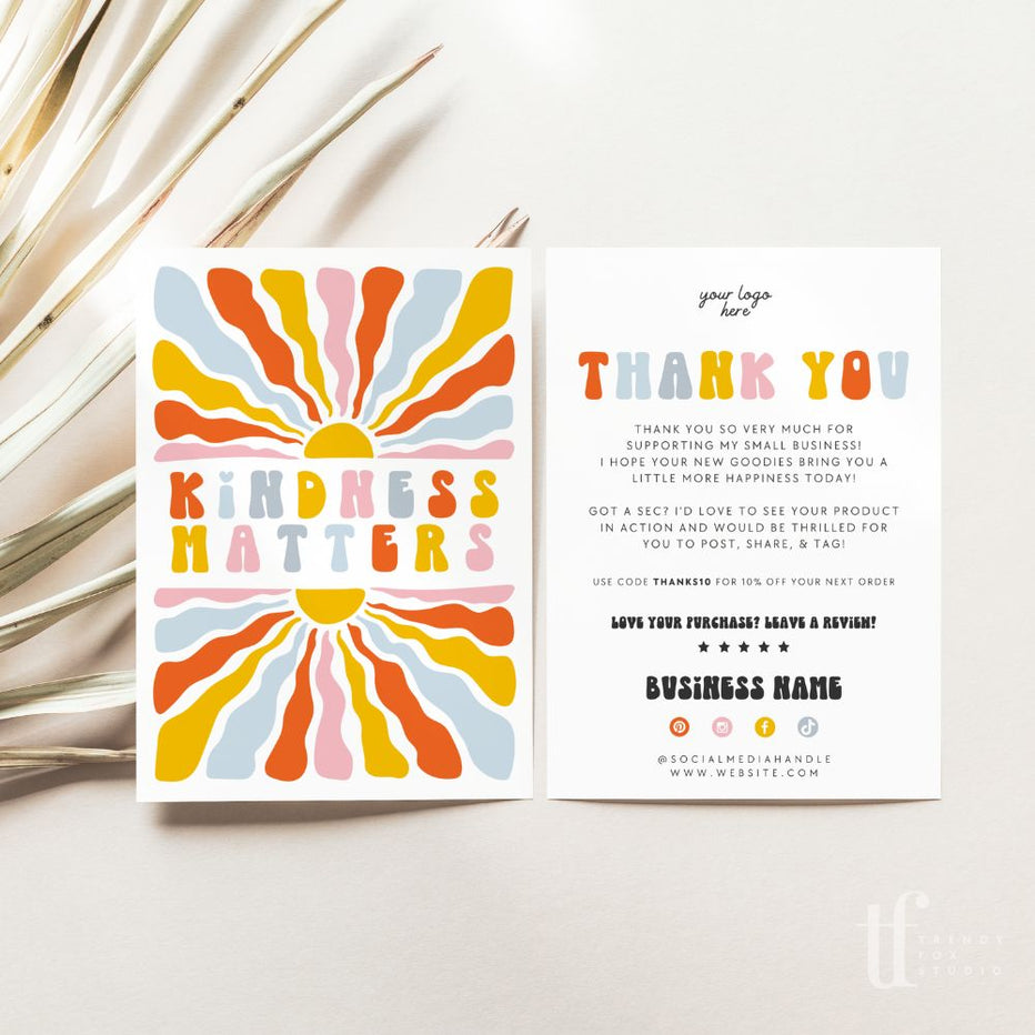 Retro Rainbow Sun Business Thank You Card Canva Template - Trendy Fox ...