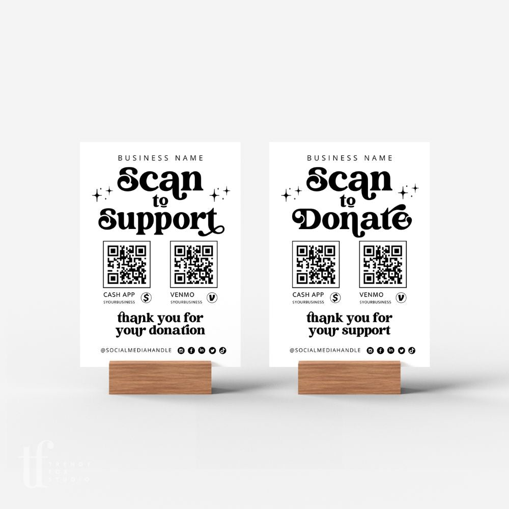 Retro Scan to Support Sign, 2 QR code Donation Sign Canva Template | Dani - Trendy Fox Studio