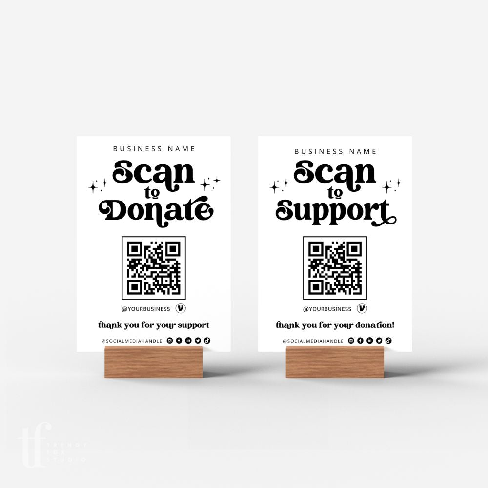 Retro Scan to Support Sign, QR code Donation Sign Canva Template | Dani - Trendy Fox Studio