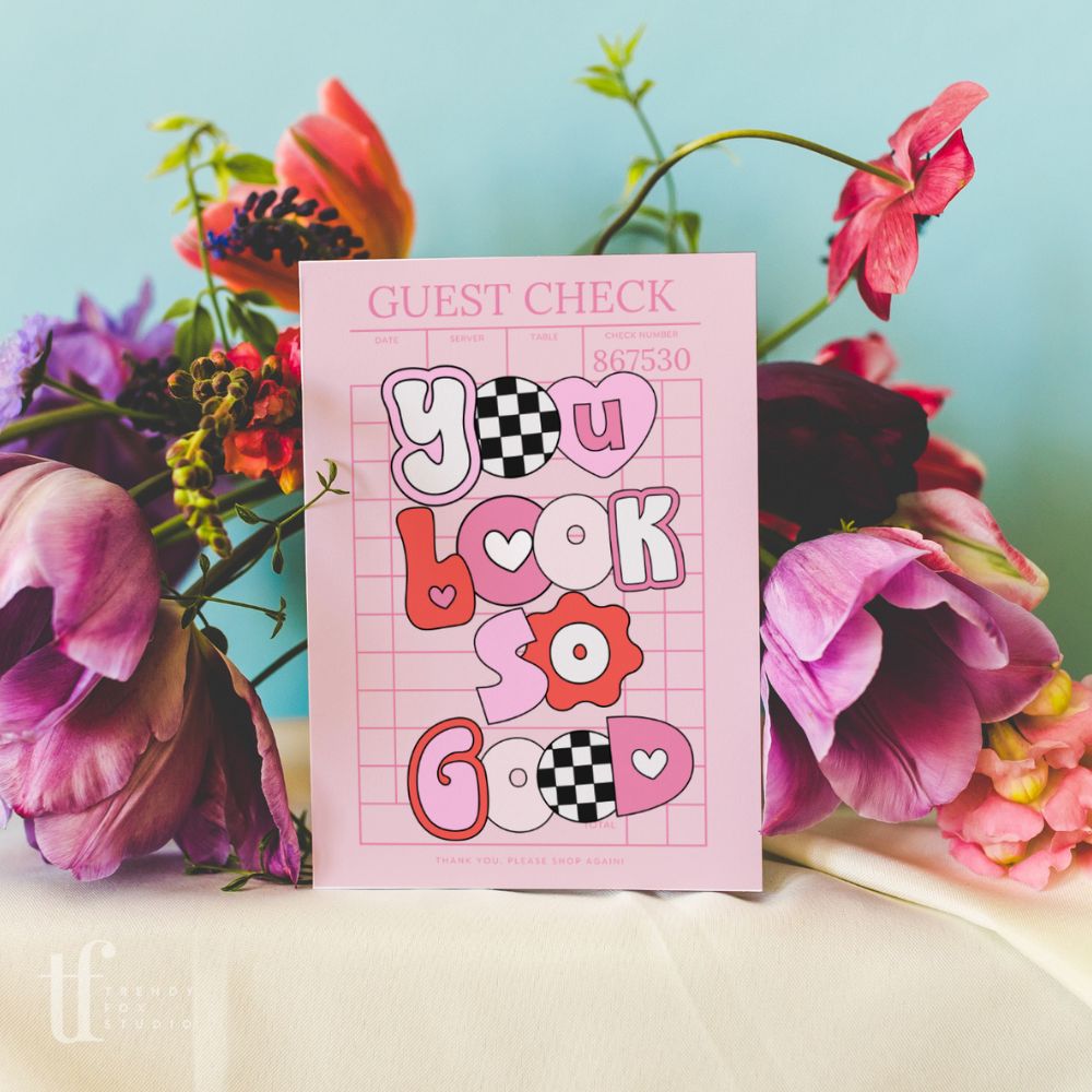 Retro Valentine&#39;s Day Guest Check Business Thank You Card Canva Template | Cute Ransom Text - Trendy Fox Studio