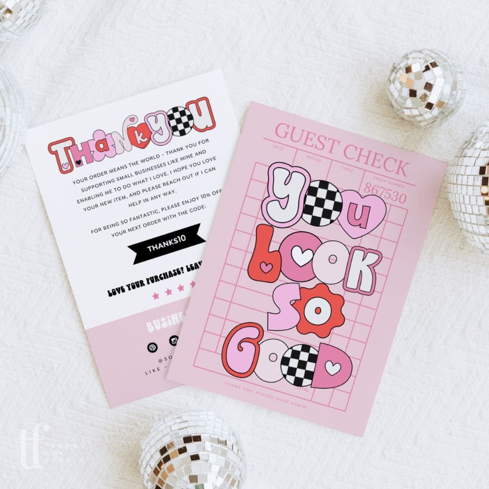 Retro Valentine's Day Guest Check Business Thank You Card Canva Template | Cute Ransom Text - Trendy Fox Studio