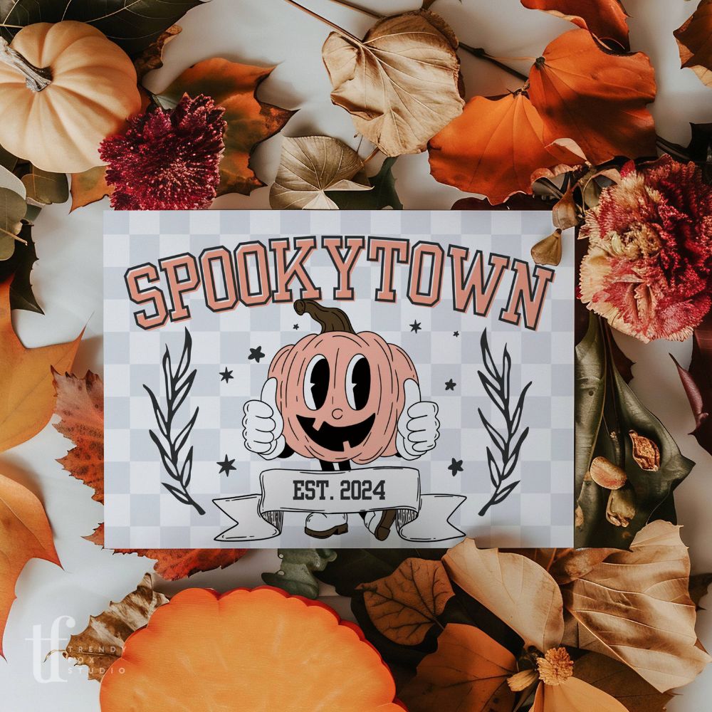 Retro Varsity Pumpkin Mascot Halloween Business Thank You Card Canva Template - Trendy Fox Studio