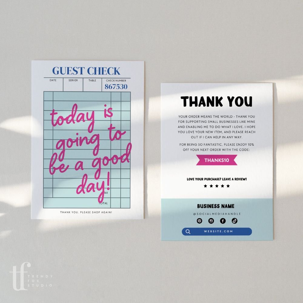 Trendy Blue Guest Check Business Thank You Card Canva Template - Trendy Fox Studio