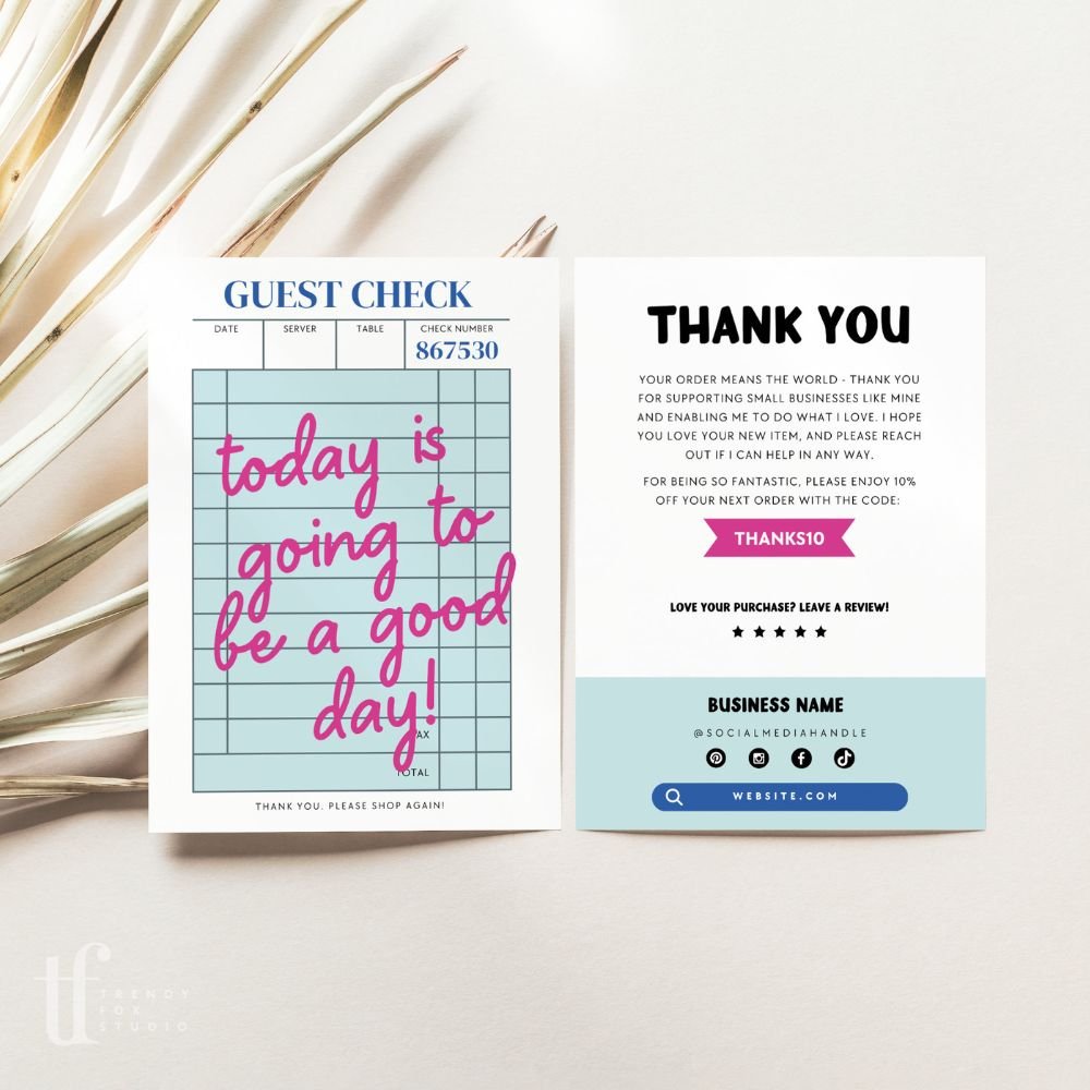 Trendy Blue Guest Check Business Thank You Card Canva Template - Trendy Fox Studio