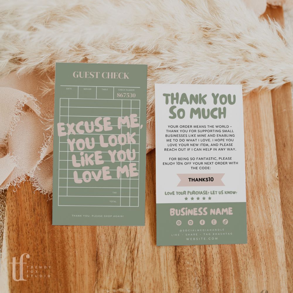 Trendy Guest Check Business Card Thank You Card Canva Template - Trendy Fox Studio