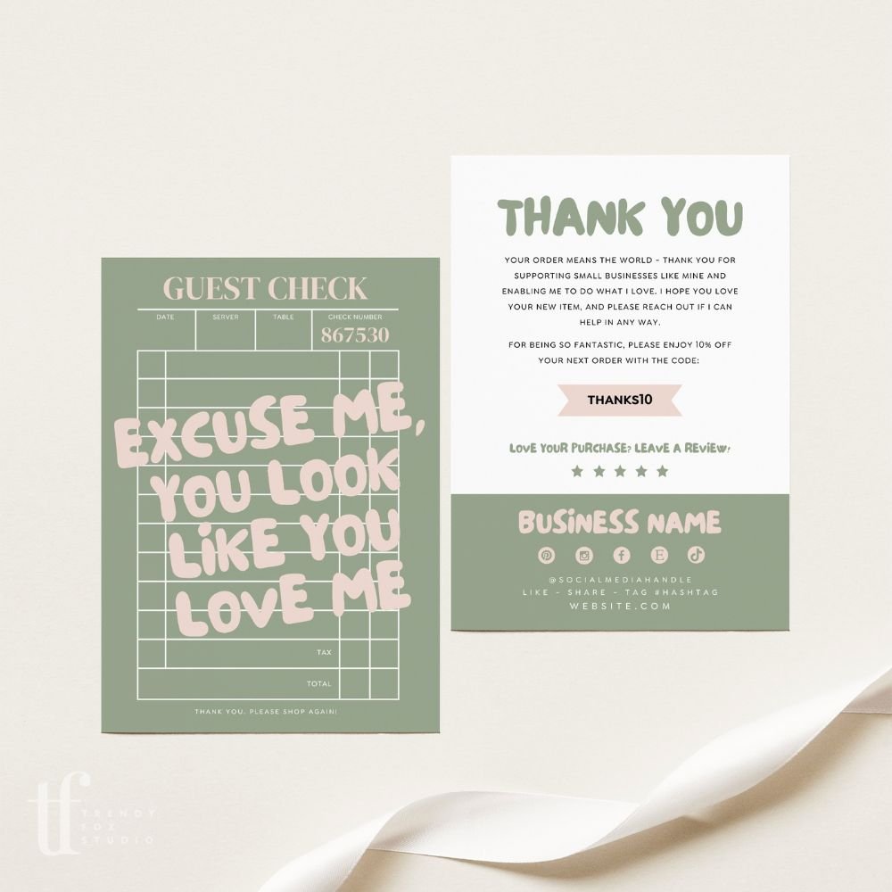 Trendy Guest Check Business Thank You Card Canva Template | You Look Like You Love Me - Trendy Fox Studio