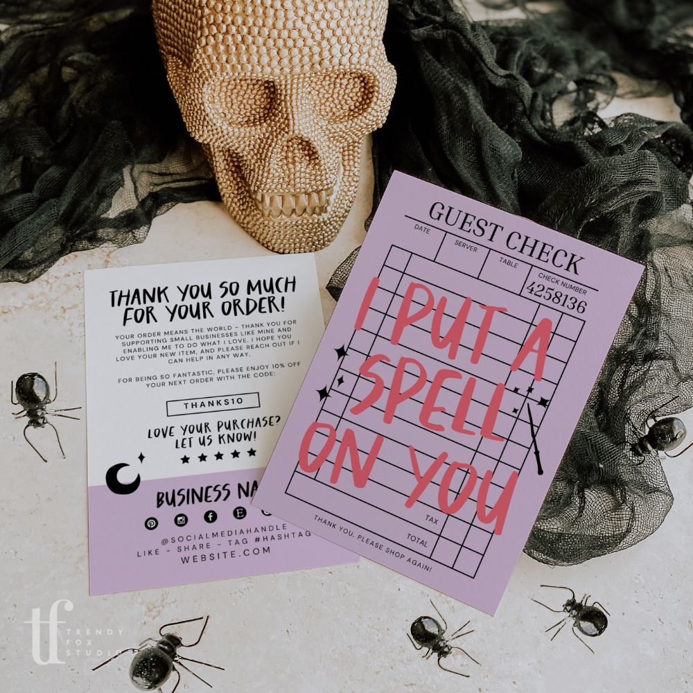 Trendy Guest Check Halloween Business Thank You Card Canva Template | I Put A Spell On You - Trendy Fox Studio