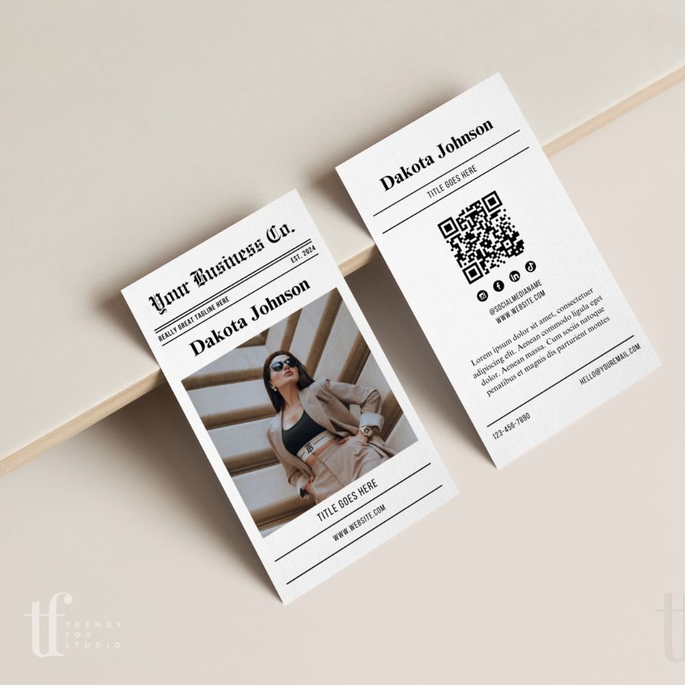 Unique Newspaper Photo Business Card with QR Code Canva Template - Trendy Fox Studio