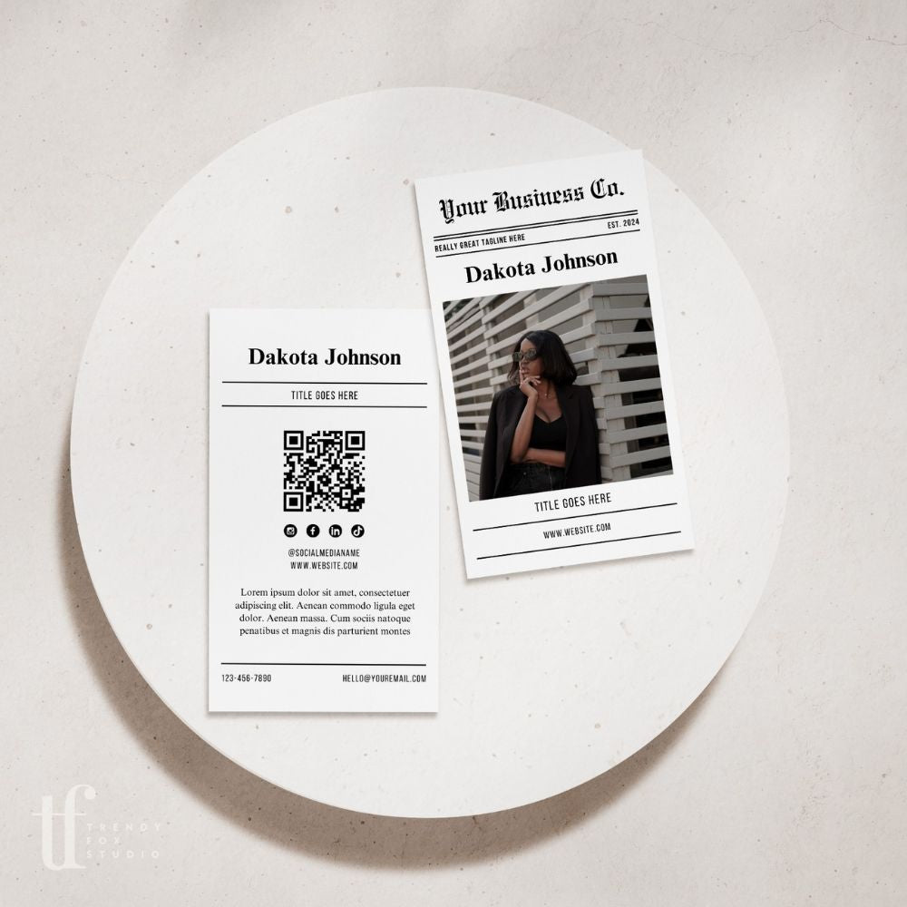 Unique Newspaper Photo Business Card with QR Code Canva Template - Trendy Fox Studio