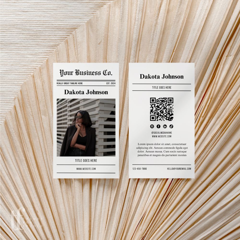 Unique Newspaper Photo Business Card with QR Code Canva Template - Trendy Fox Studio