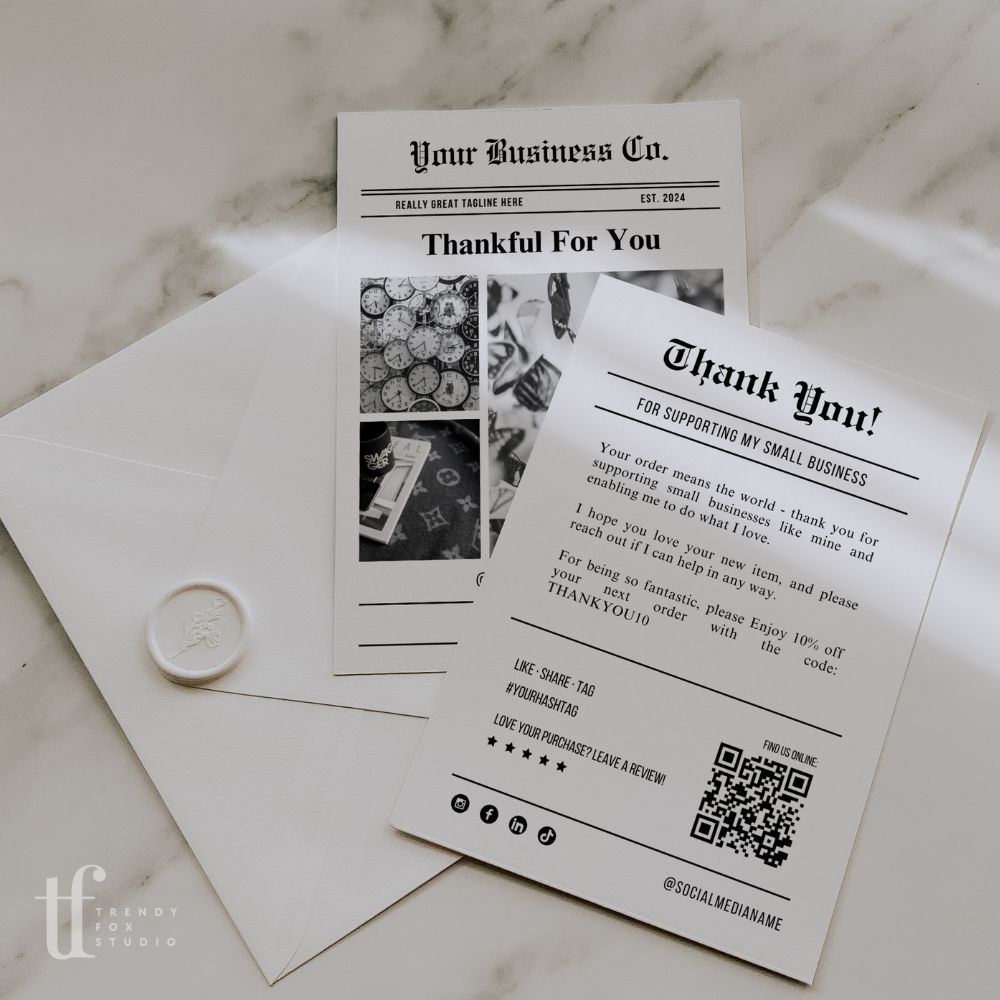 Unique Newspaper Thank You Card Canva Template with QR Code & Photos - Trendy Fox Studio