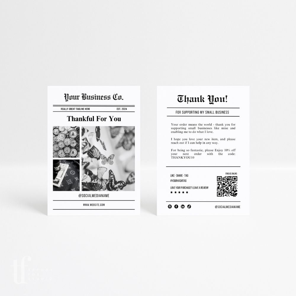 Unique Newspaper Thank You Card Canva Template with QR Code & Photos - Trendy Fox Studio