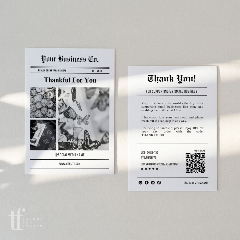 Unique Newspaper Thank You Card Canva Template with QR Code & Photos - Trendy Fox Studio